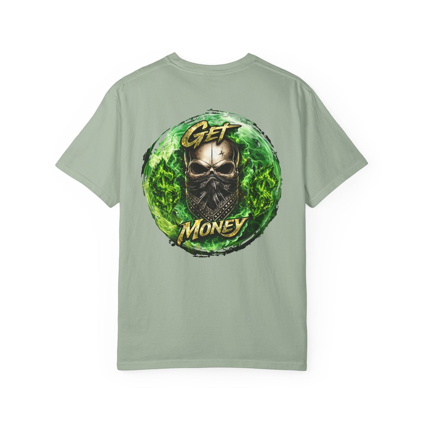 Get Money Skull Graphic Tee – Green Flame Dollar Sign Hustle Streetwear Shirt