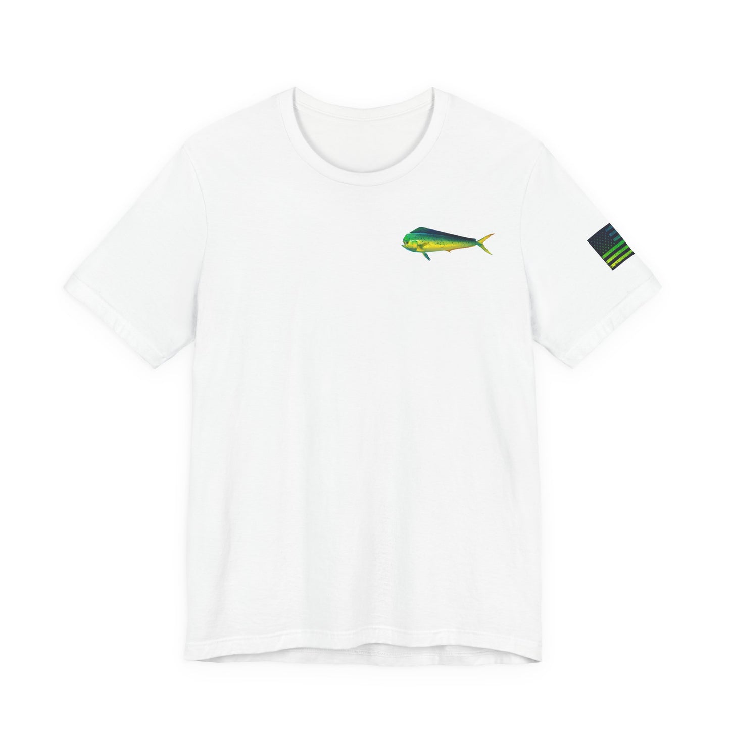 Mahi Mahi Badge Tee with Blackout Flag – Patriotic Saltwater Fishing Shirt