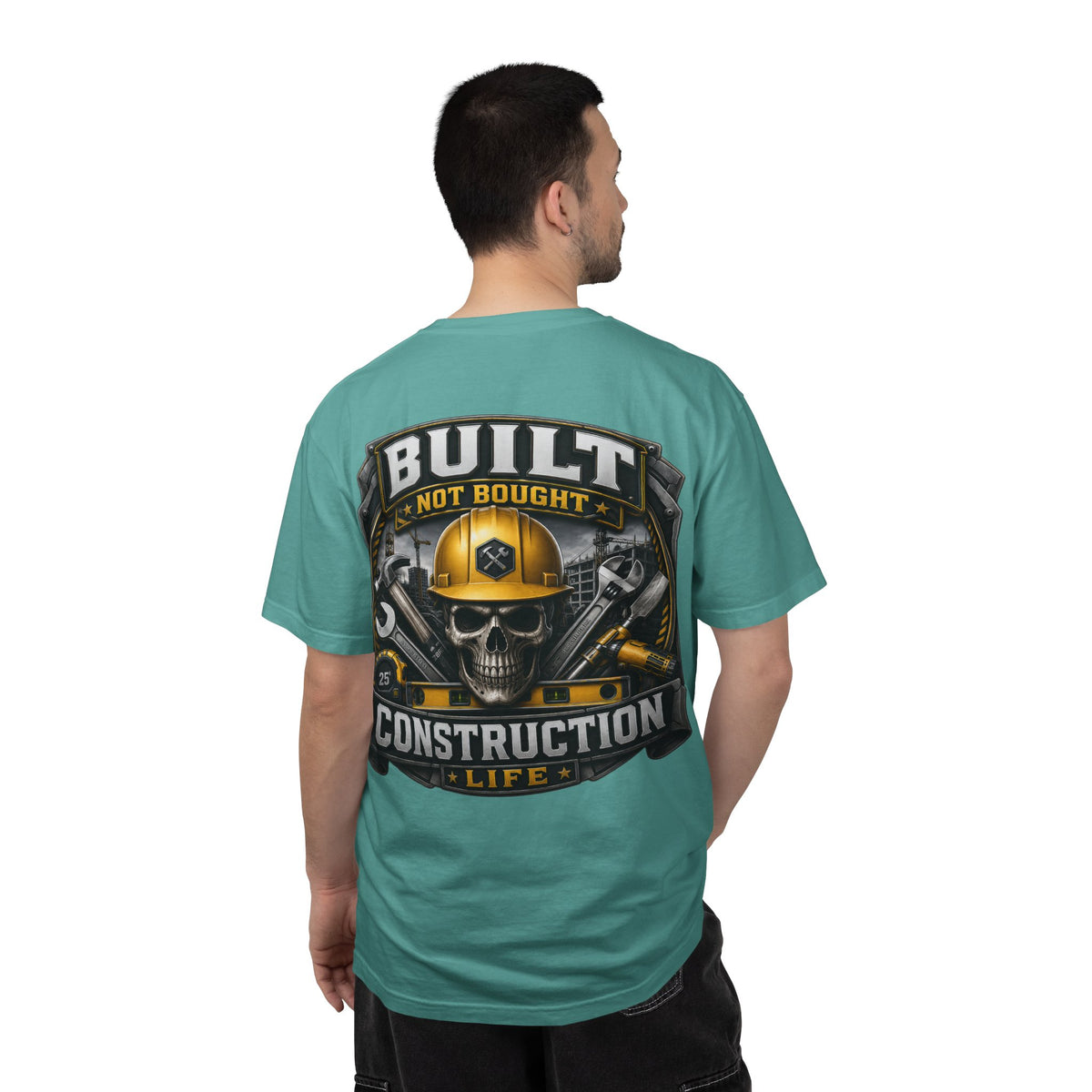Construction Life T-Shirt — "Built Not Bought" Skull & Hard Hat Crew Tee