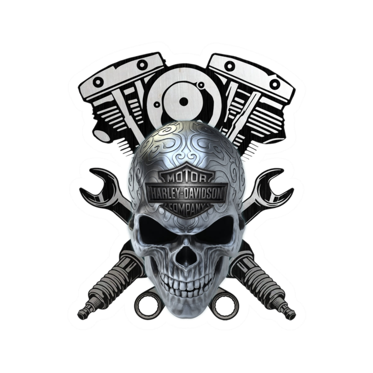 Chrome Skull HD Mechanic Sticker | Wrenches & Engine Harley Decal for Garage, Helmet & Toolboxes, ArtKiss-Cut Stickers