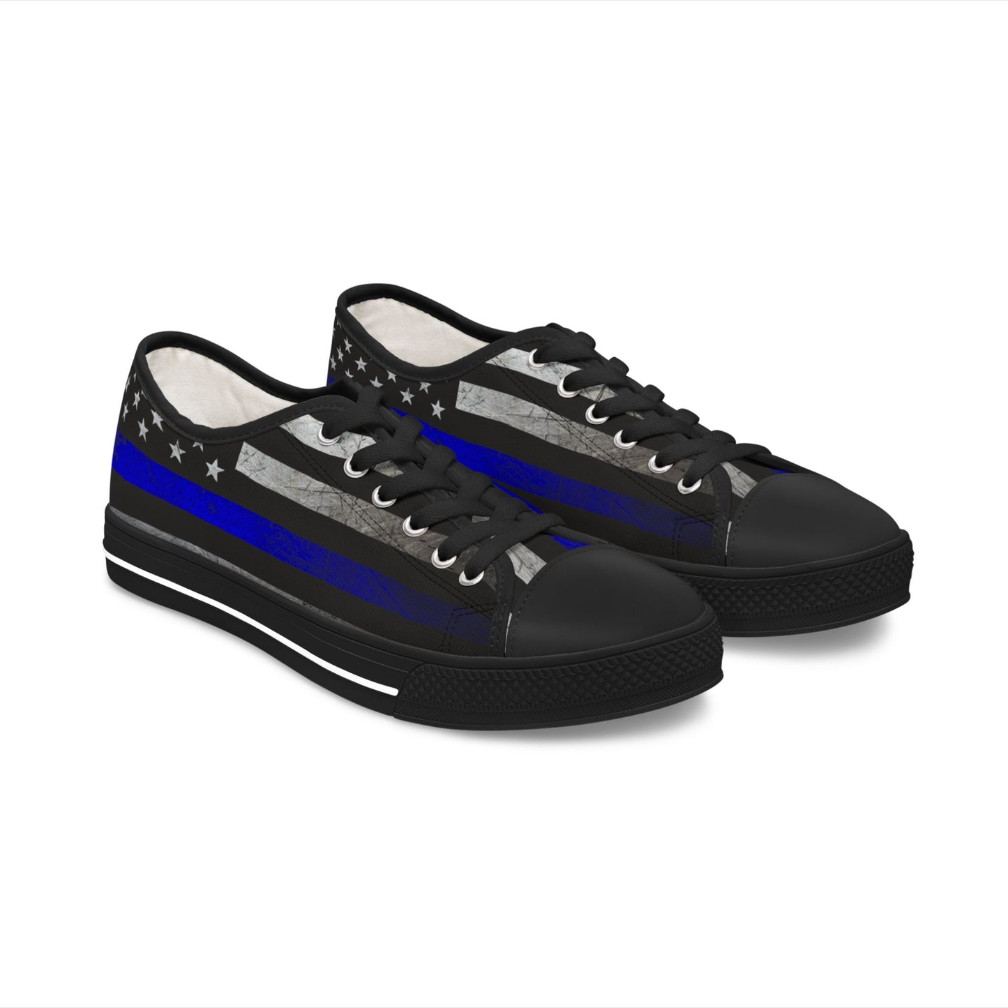 Thin Blue Line American Flag Sneakers – Black & Blue Low Top Canvas Shoes for Women, Police Support, Patriotic Streetwear
