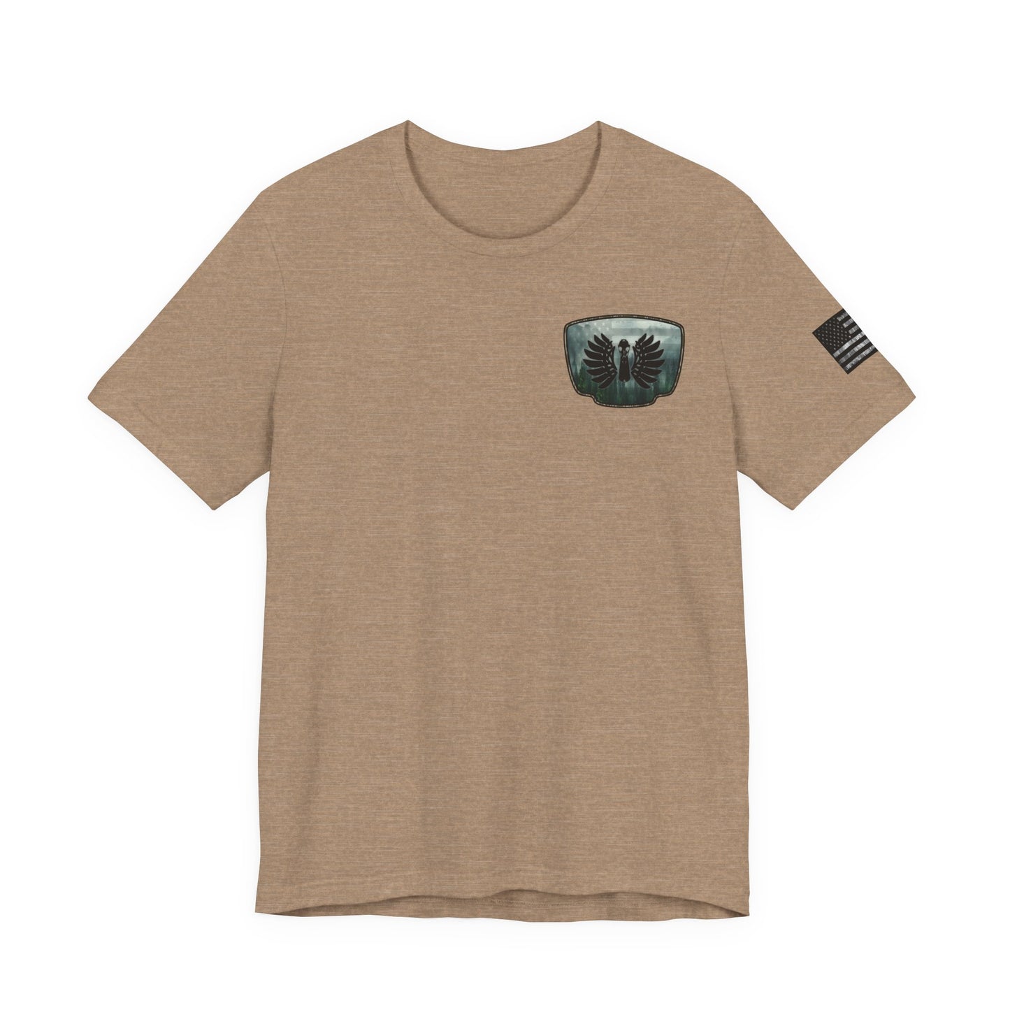 The Forest Duck Hunt Badge T-Shirt – Mossy Camo Print, Crossed Guns & Duck Skull Graphic