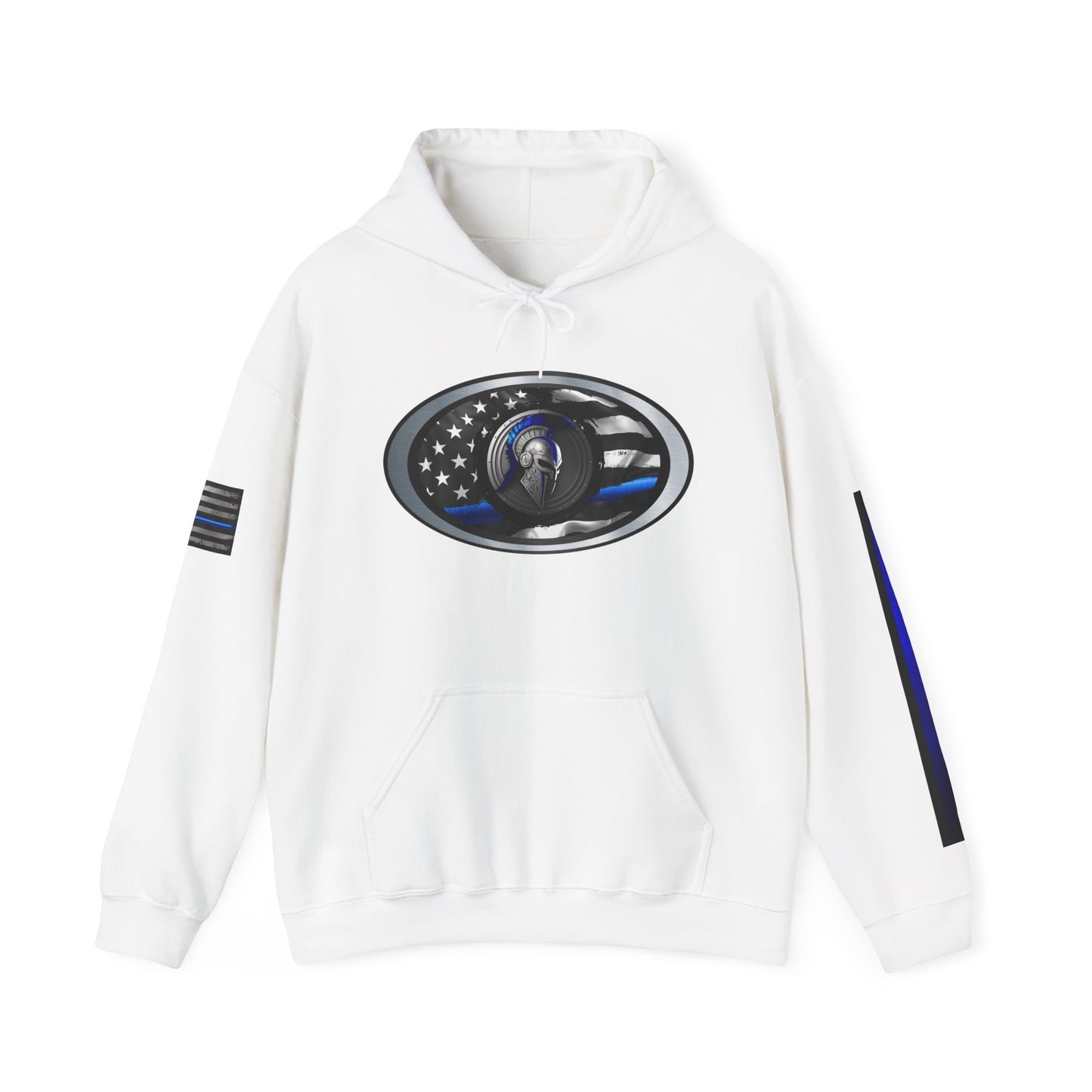 Spartan Thin Blue Line Flag Hoodie – Warrior Helmet Patriotic Sweatshirt for Police Supporters