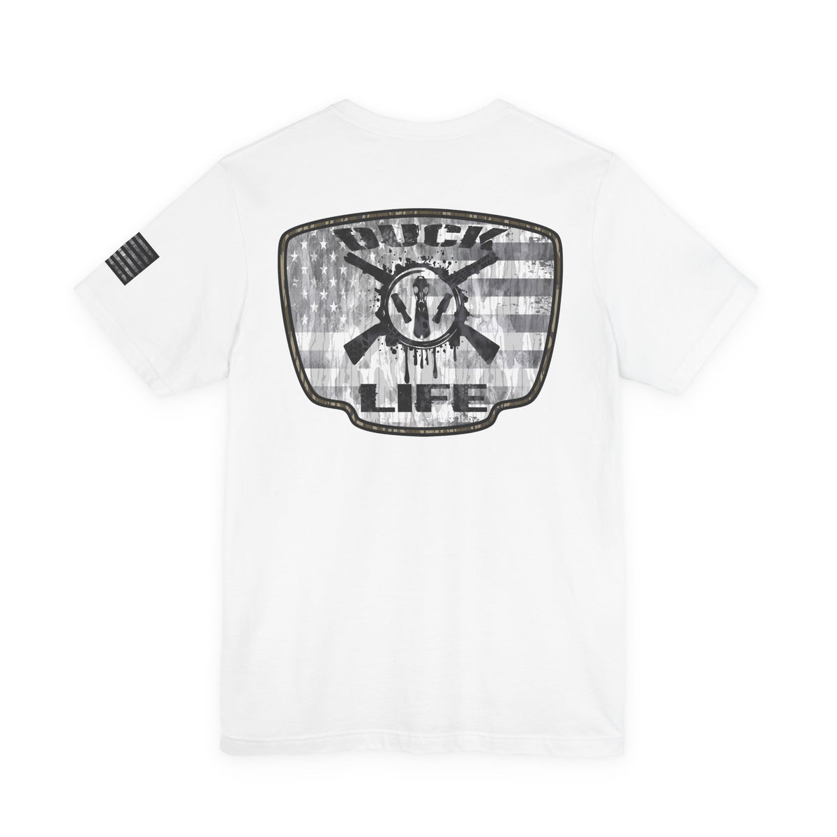 White American Flag Duck Hunting Badge T-Shirt – Mossy Camo Print, Crossed Guns & Duck Skull Graphic
