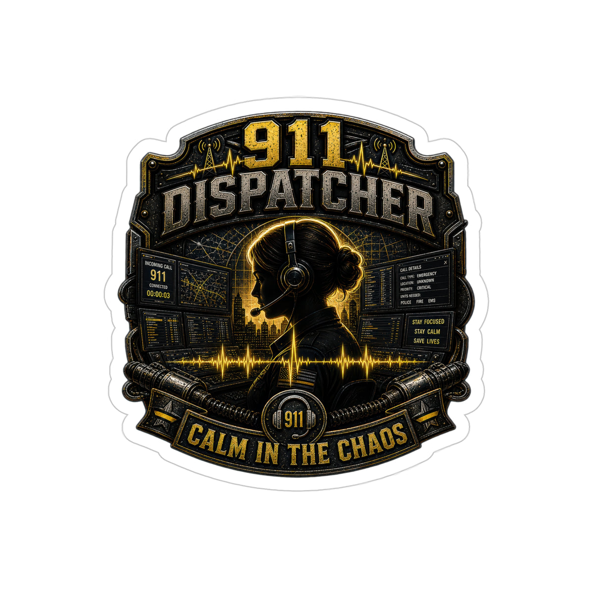 911 Dispatcher Calm In The Chaos Sticker | Emergency Dispatch Operator Decal | Thin Yellow Line Art (Outdoor Transparent)