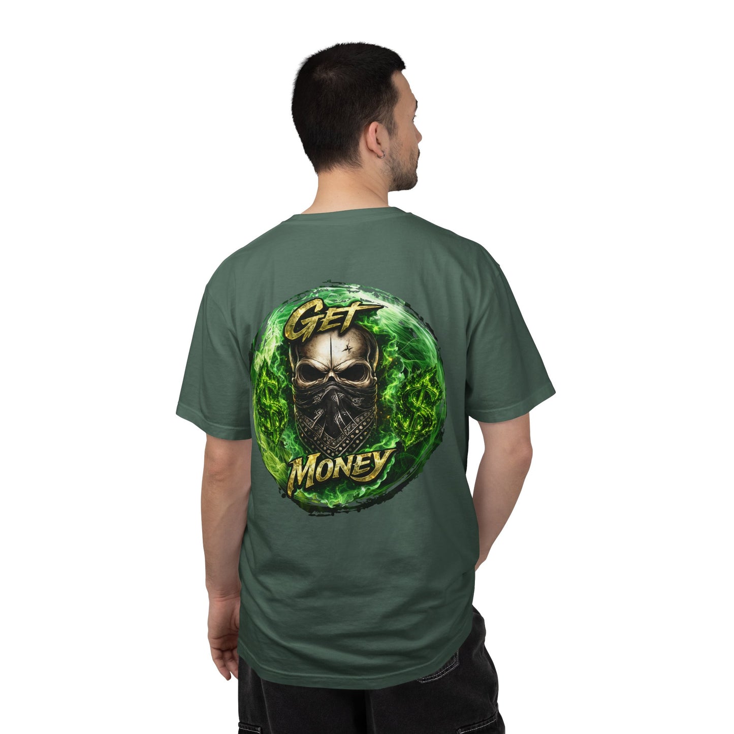 Get Money Skull Graphic Tee – Green Flame Dollar Sign Hustle Streetwear Shirt
