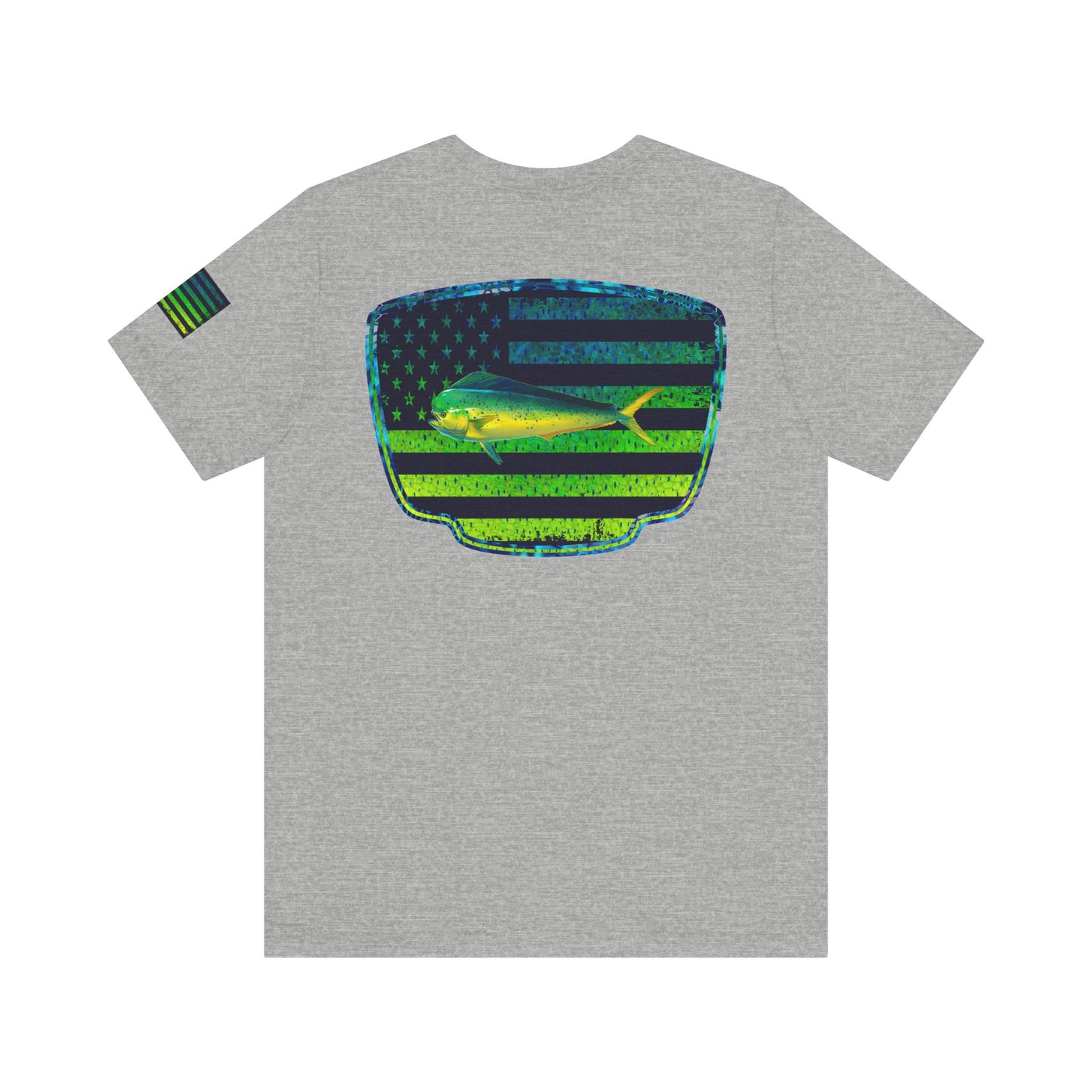 Patriotic Mahi Mahi Flag Tee – Grunge Fishing Badge Shirt for Outdoor Lovers