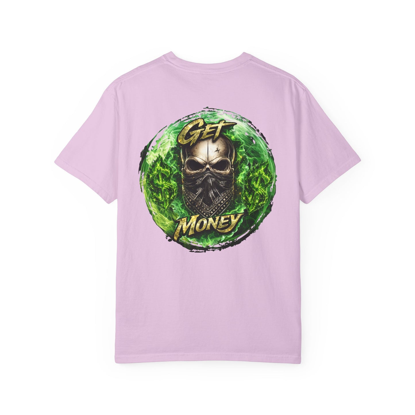 Get Money Skull Graphic Tee – Green Flame Dollar Sign Hustle Streetwear Shirt