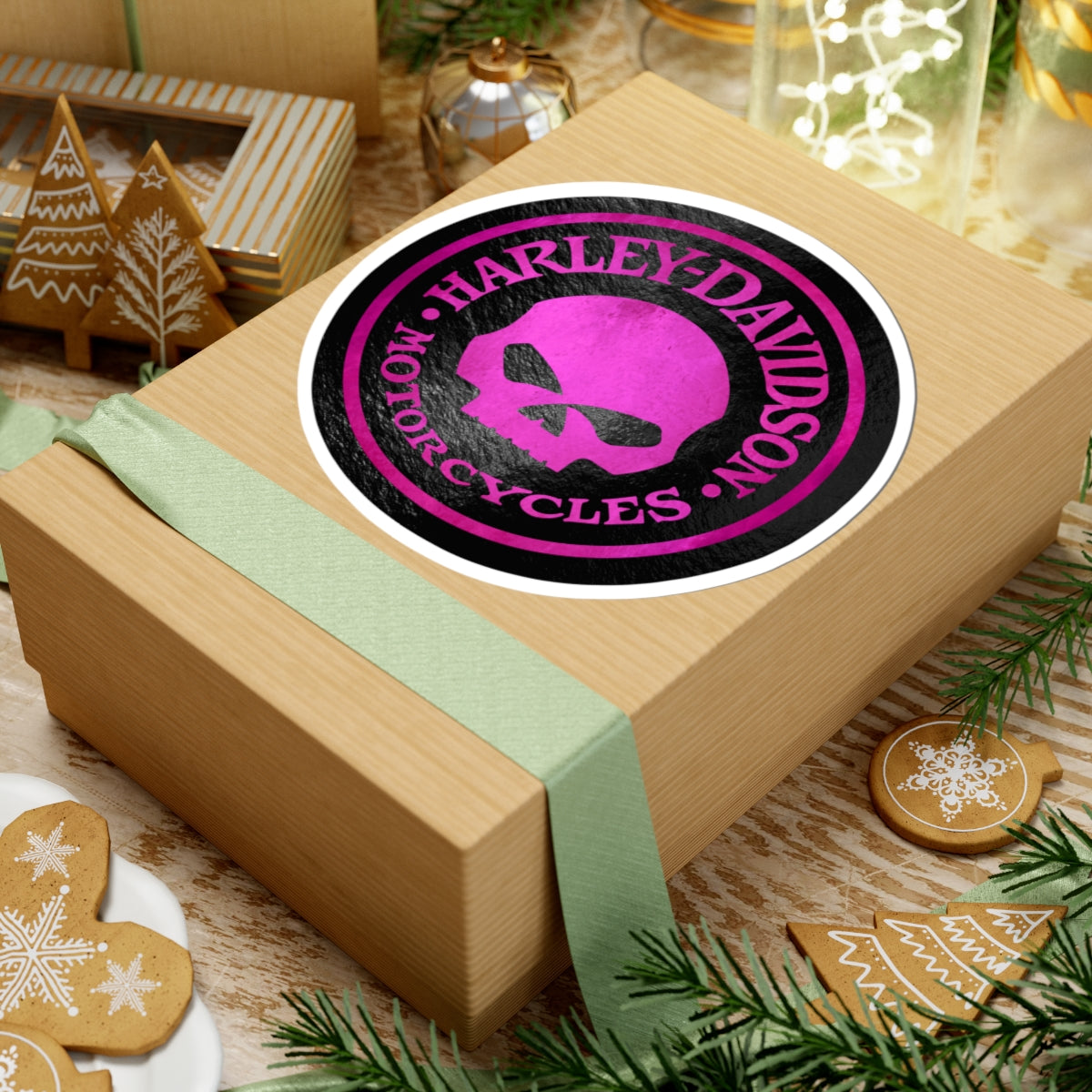 Harley Skull Biker Emblem | Bold Pink Motorcycle Graphic for Decals, Shirts, or Garage Art, ArtKiss-Cut Stickers