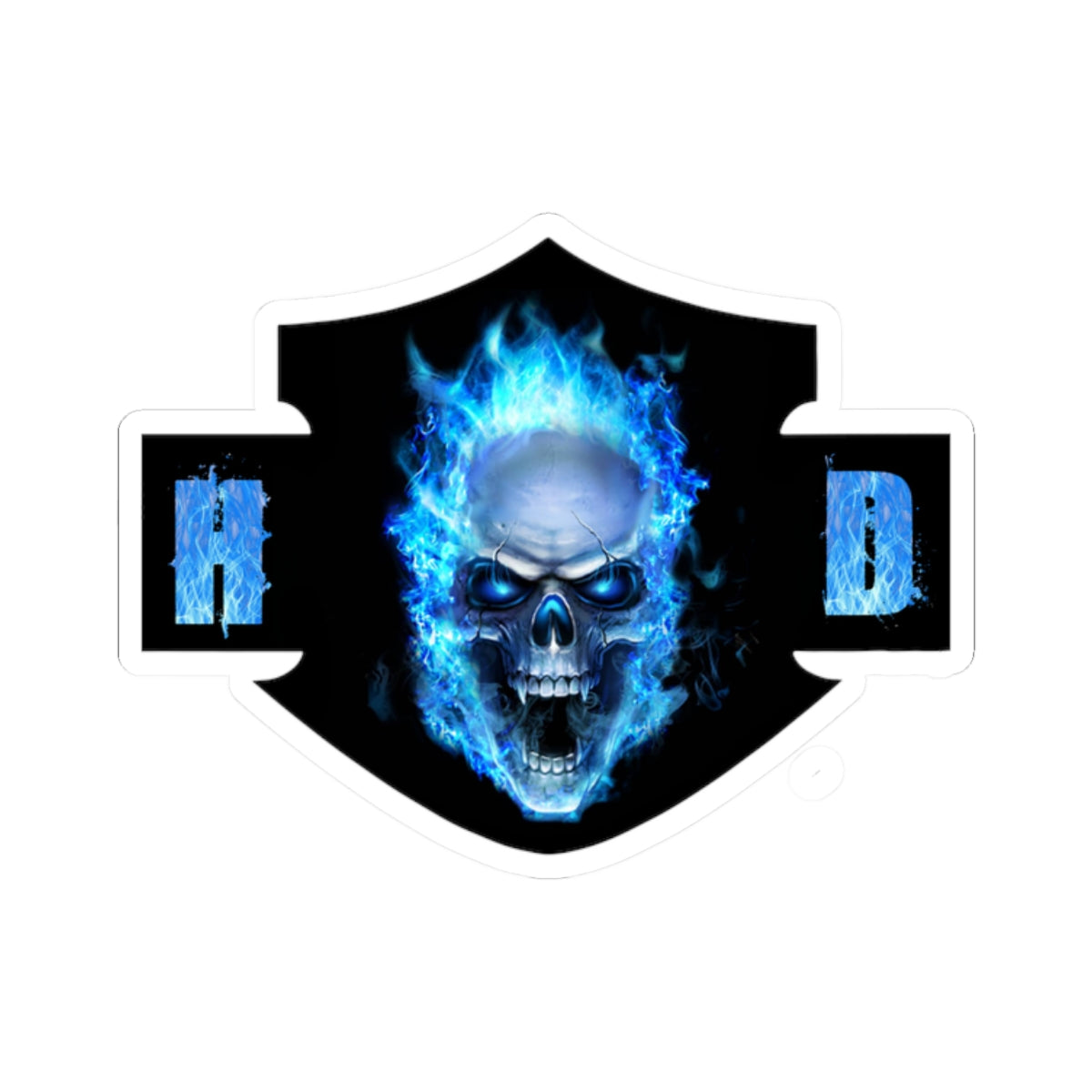 Harley Blue Fire Skull Biker Emblem | Bold Motorcycle Graphic for Decals, Shirts, or Garage Art, ArtKiss-Cut Stickers