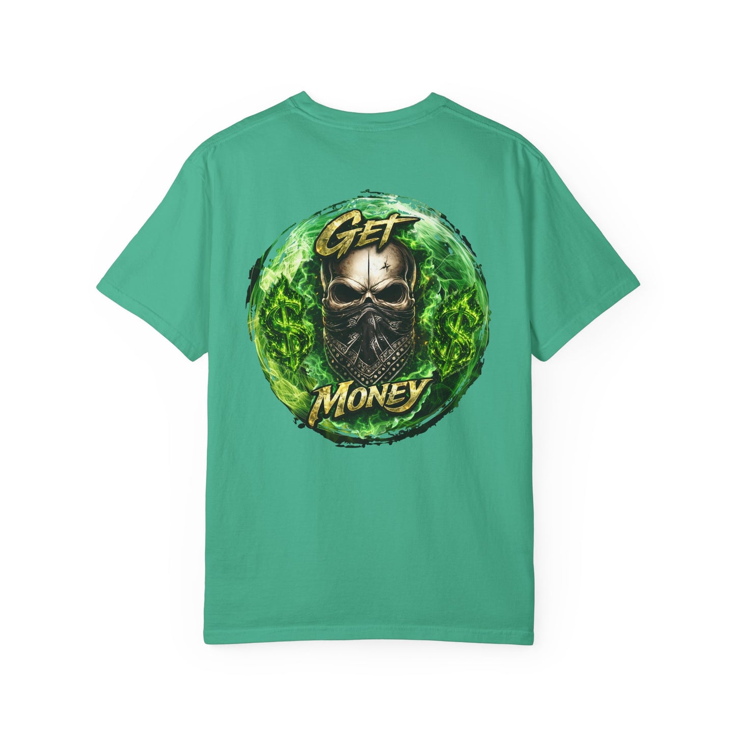 Get Money Skull Graphic Tee – Green Flame Dollar Sign Hustle Streetwear Shirt