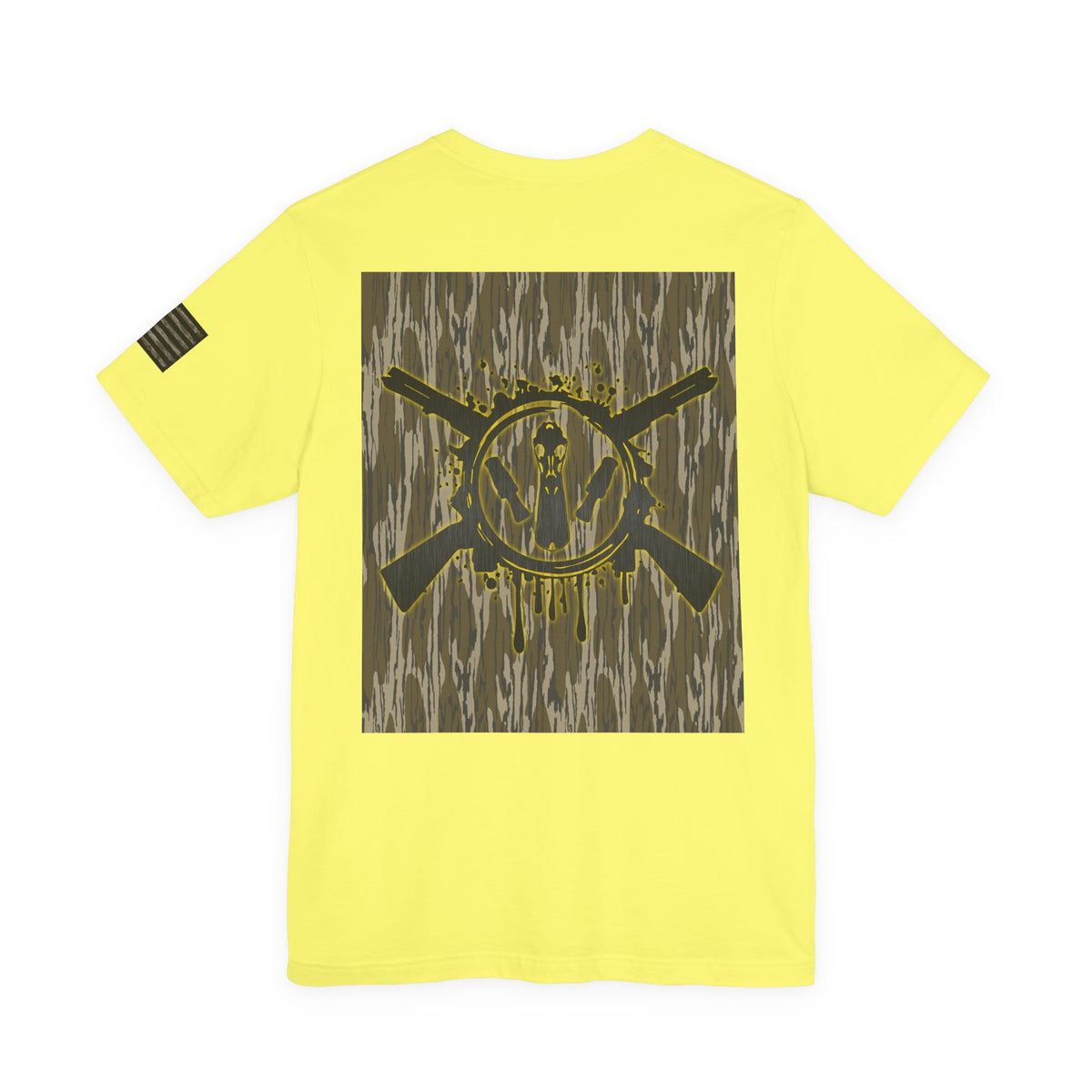 Duck Hunting Badge T-Shirt – Mossy Camo Print, Crossed Guns & Duck Skull Graphic