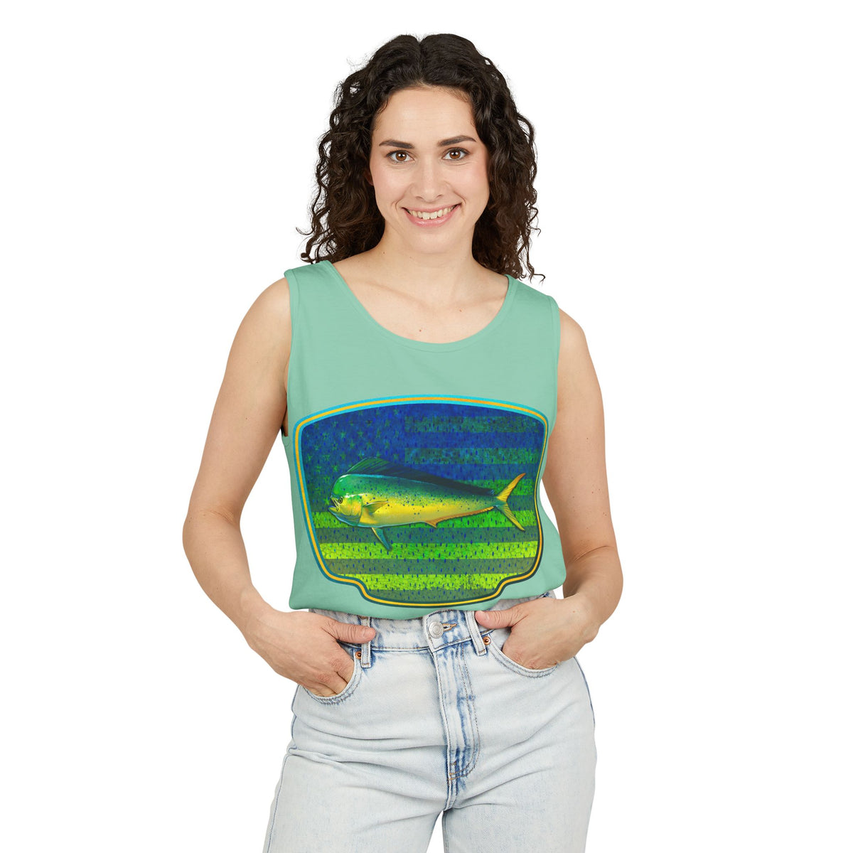 American Mahi Mahi Graphic Tank Top, Summer Apparel, Outdoors Shirt, Fishing Gear, Beachwear, Gifts for Anglers
