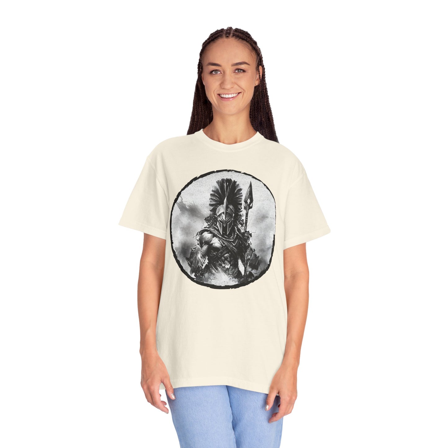 Spartan Warrior T-Shirt – Greek Helmet Circle Design Front & Spear Back | Warrior Graphic Tee