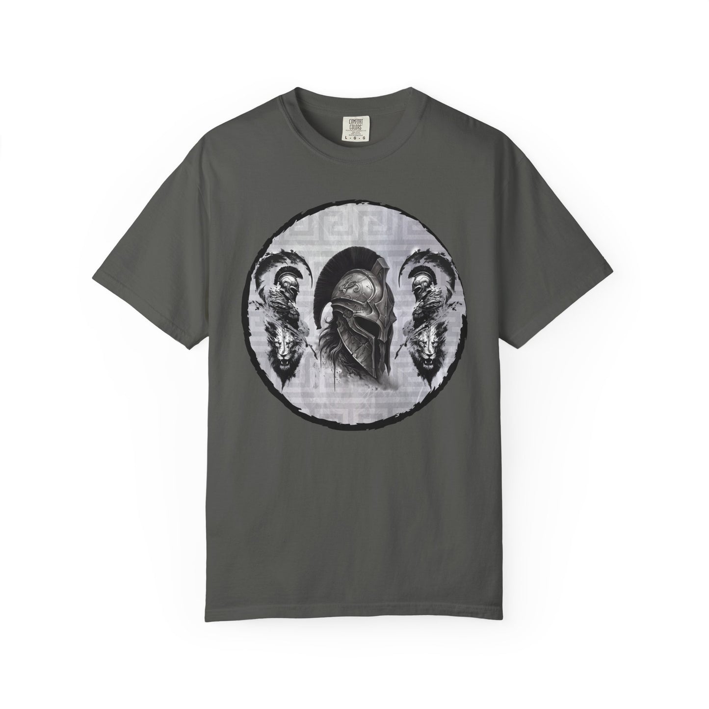 Spartan Warrior T-Shirt – Greek Helmet Circle Design Front & Spear Back | Warrior Graphic Tee