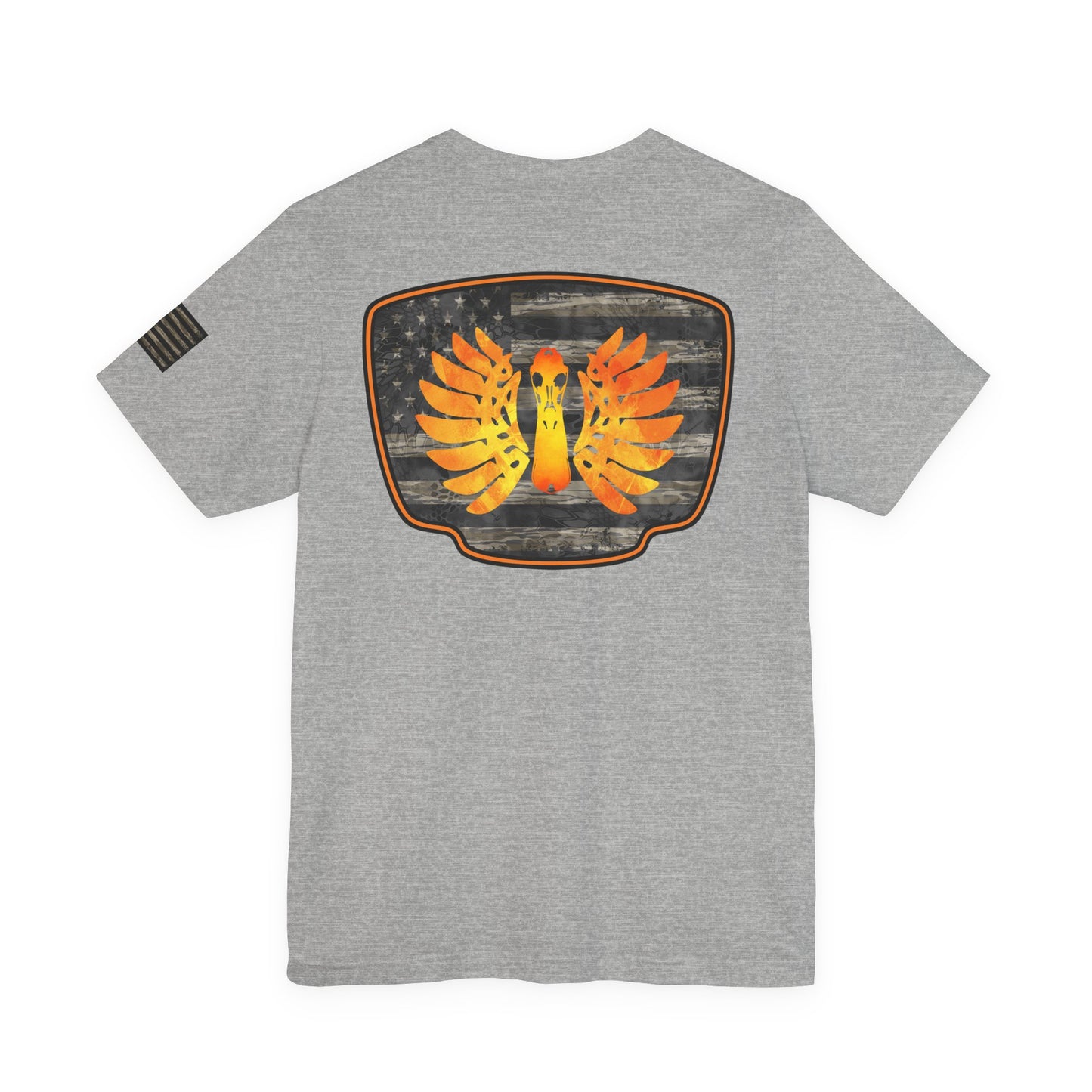 Duck Hunt Badge T-Shirt – Mossy Camo Print, Crossed Guns & Duck Skull Graphic