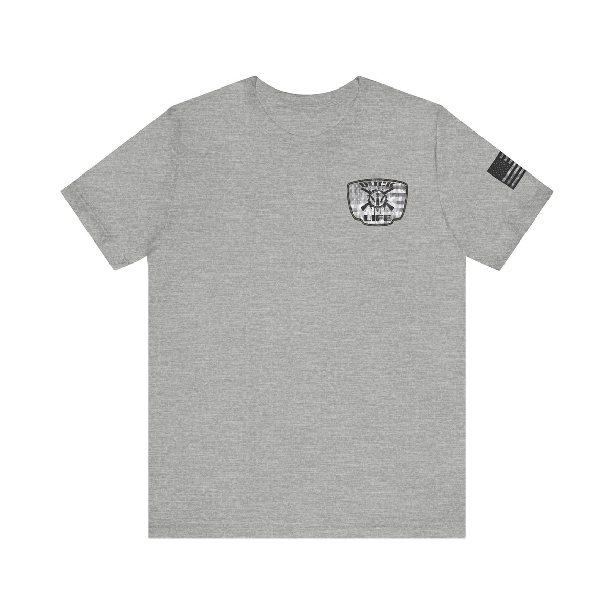 White American Flag Duck Hunting Badge T-Shirt – Mossy Camo Print, Crossed Guns & Duck Skull Graphic