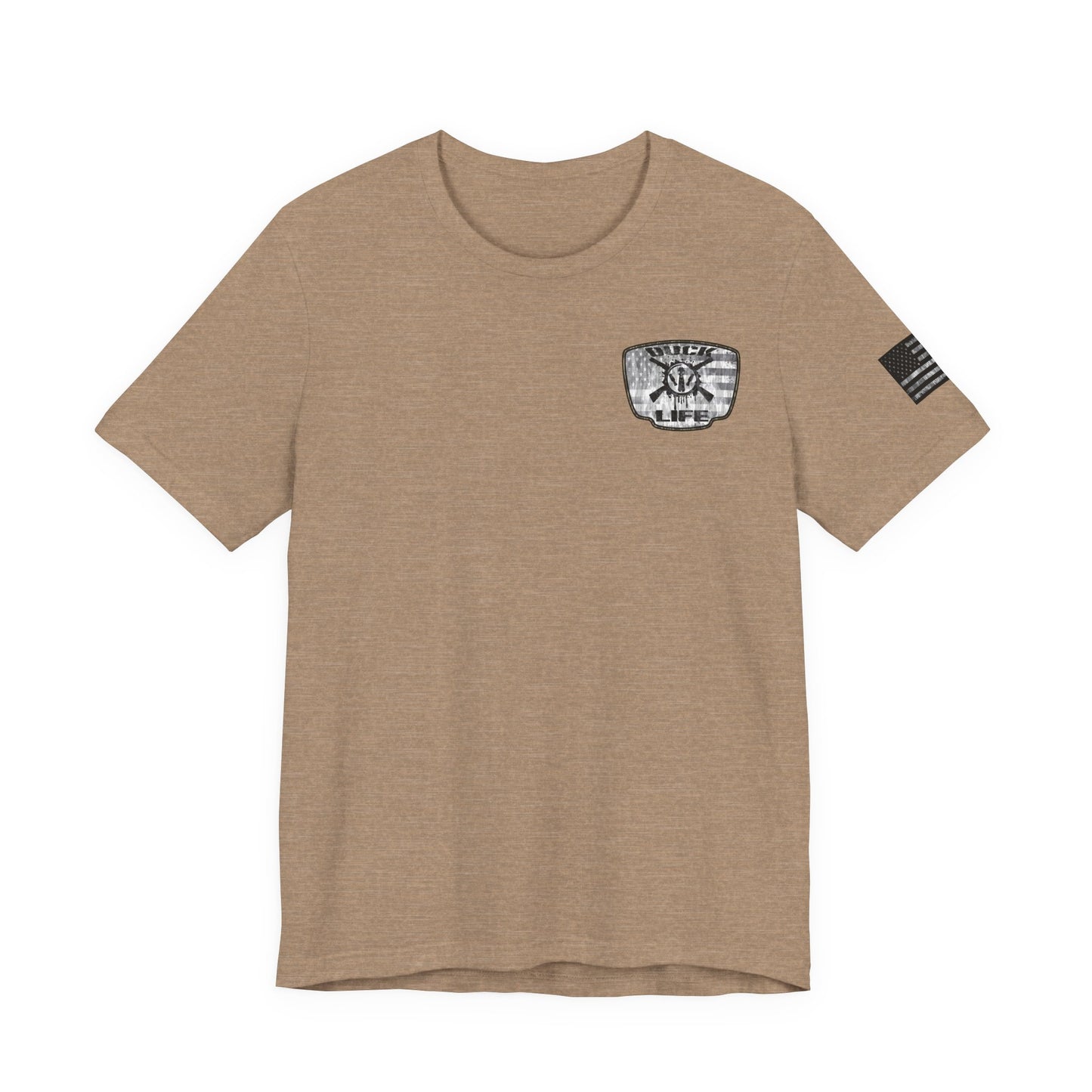 White American Flag Duck Hunting Badge T-Shirt – Mossy Camo Print, Crossed Guns & Duck Skull Graphic