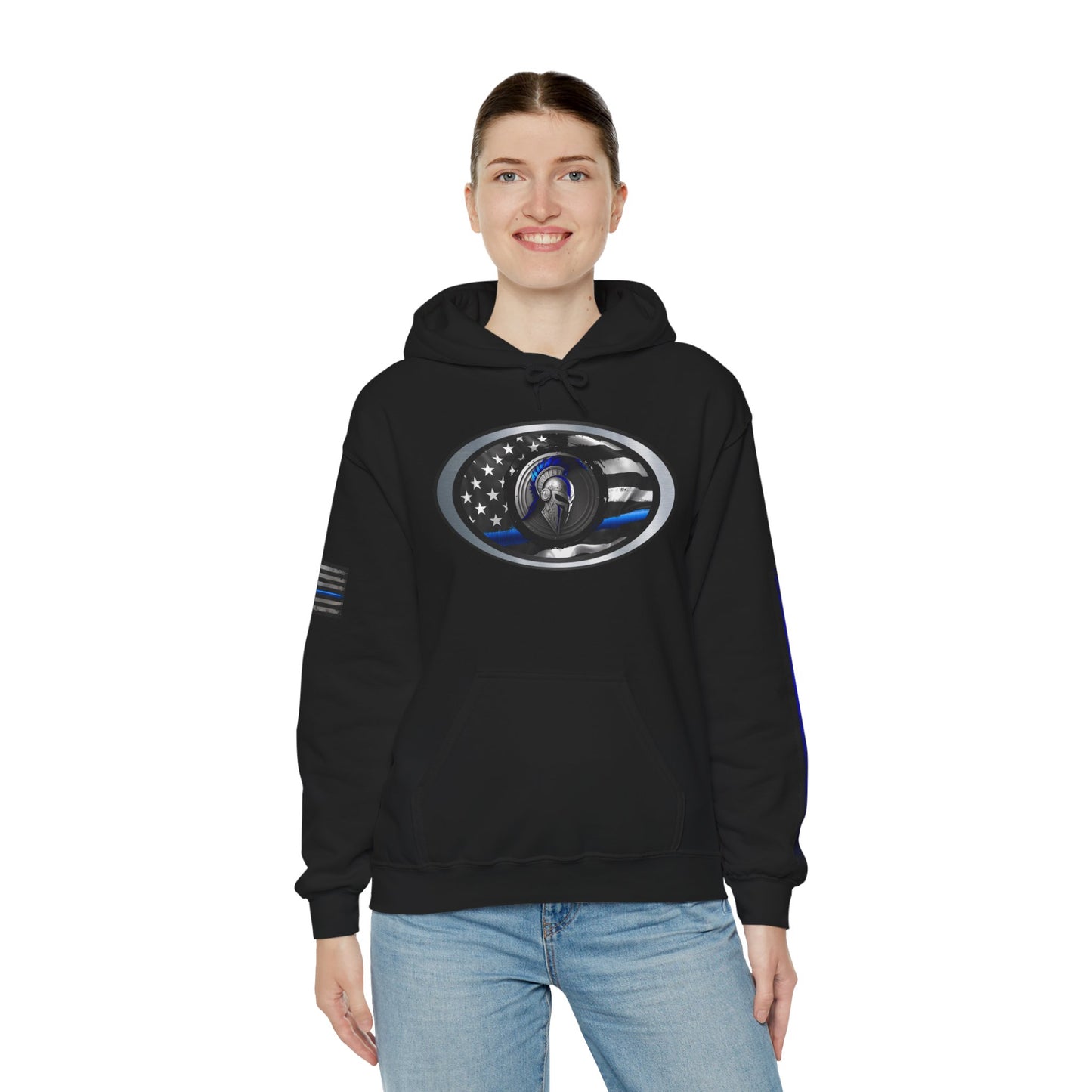 Spartan Thin Blue Line Flag Hoodie – Warrior Helmet Patriotic Sweatshirt for Police Supporters