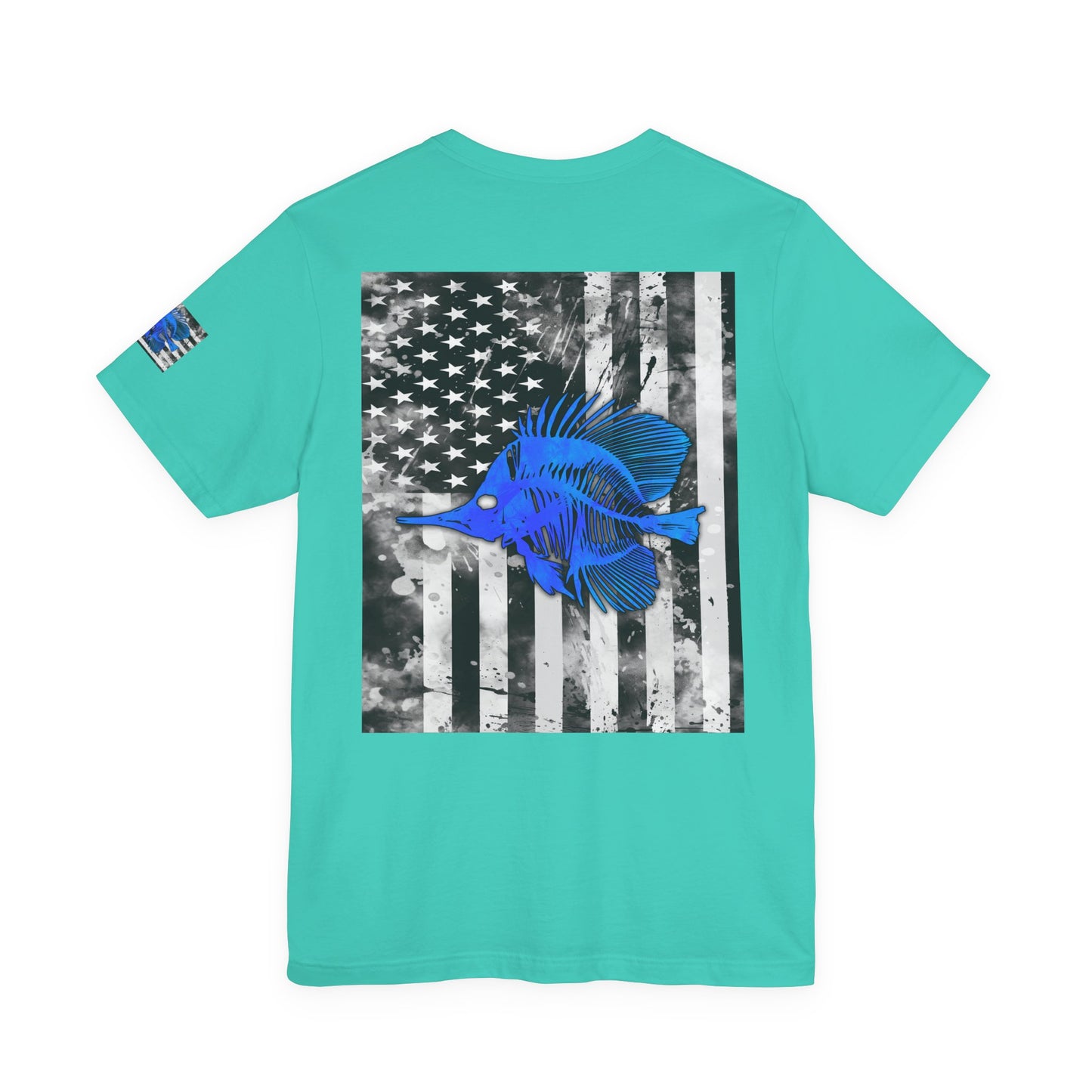 Blue Fish Skeleton Grunge American Flag Tee, Patriotic USA Shirt, Vintage American Flag