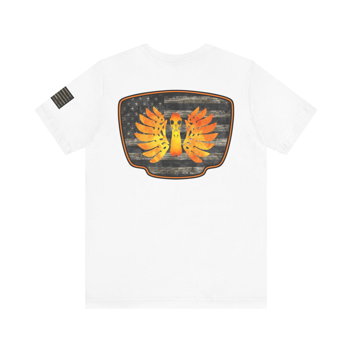 Duck Hunt Badge T-Shirt – Mossy Camo Print, Crossed Guns & Duck Skull Graphic