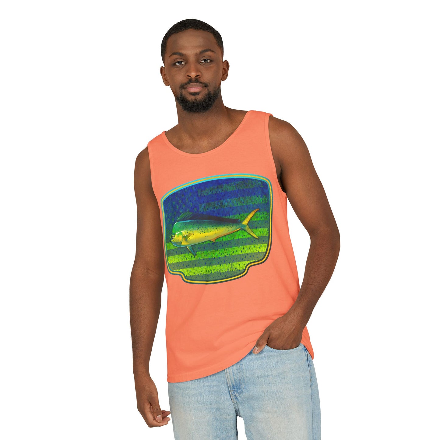 American Mahi Mahi Graphic Tank Top, Summer Apparel, Outdoors Shirt, Fishing Gear, Beachwear, Gifts for Anglers