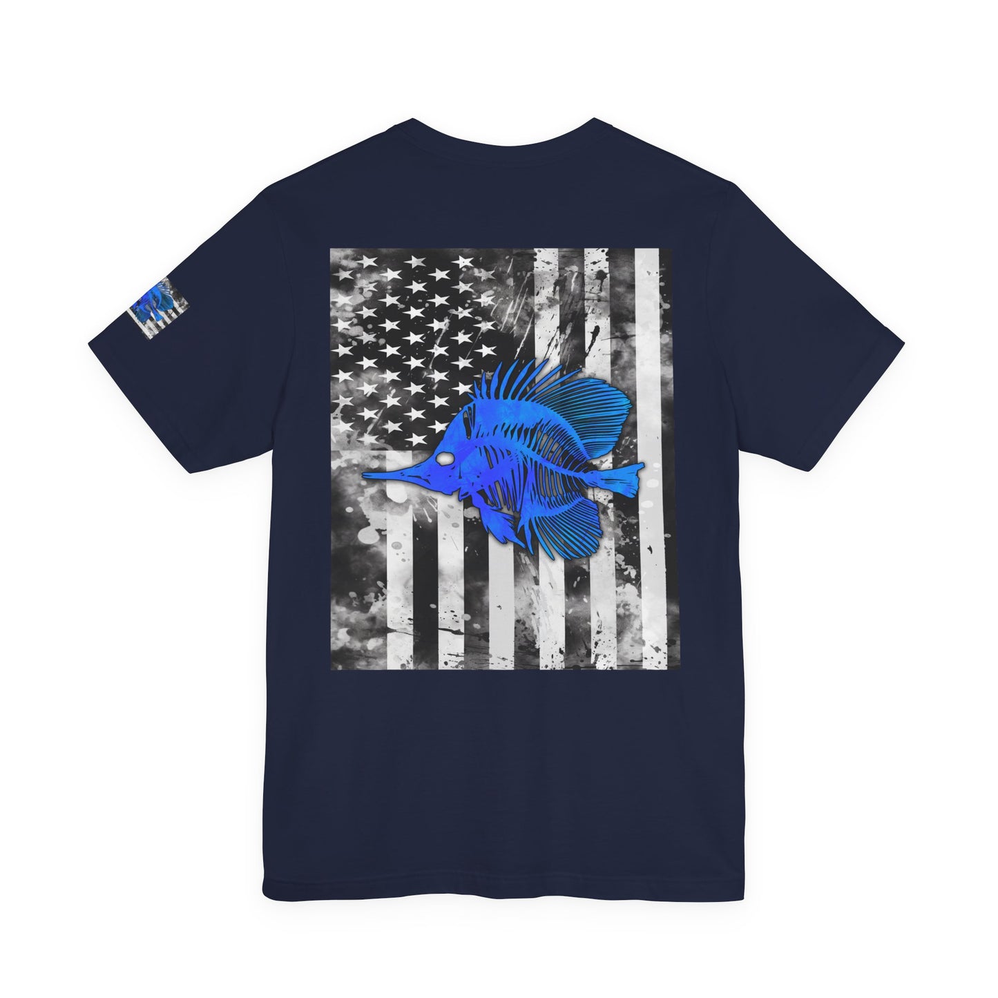 Blue Fish Skeleton Grunge American Flag Tee, Patriotic USA Shirt, Vintage American Flag