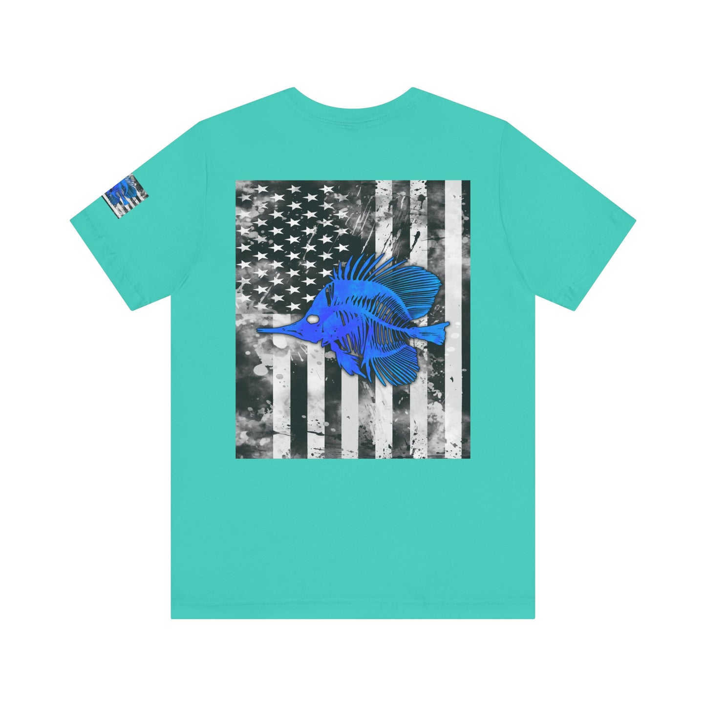 Blue Fish Skeleton Grunge American Flag Tee, Patriotic USA Shirt, Vintage American Flag