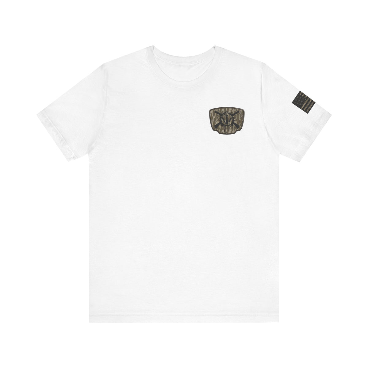 Duck Hunting Badge T-Shirt – Mossy Camo Print, Crossed Guns & Duck Skull Graphic