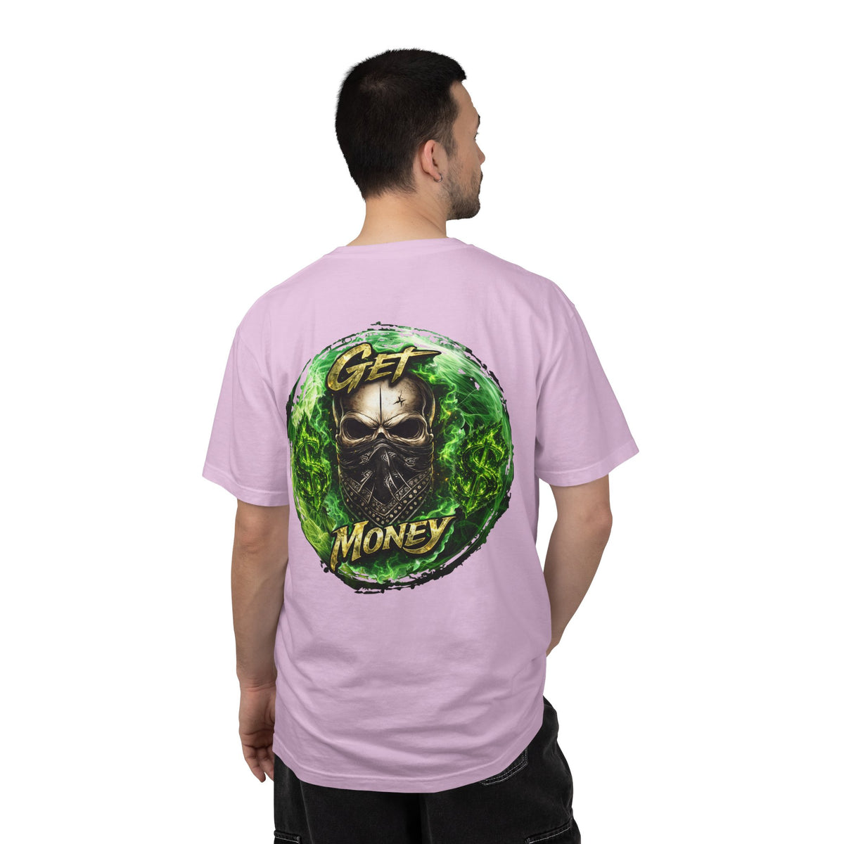 Get Money Skull Graphic Tee – Green Flame Dollar Sign Hustle Streetwear Shirt