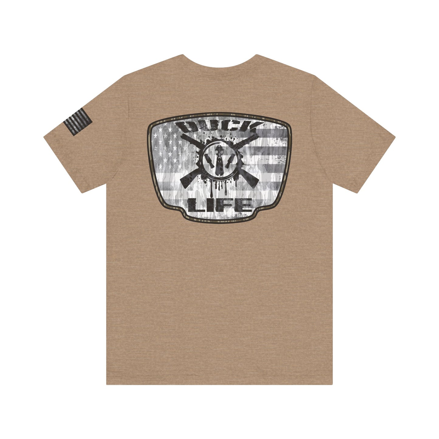 White American Flag Duck Hunting Badge T-Shirt – Mossy Camo Print, Crossed Guns & Duck Skull Graphic