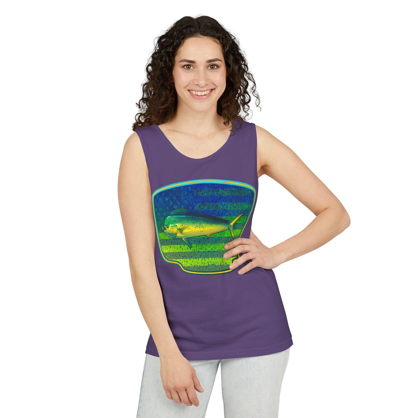 American Mahi Mahi Graphic Tank Top, Summer Apparel, Outdoors Shirt, Fishing Gear, Beachwear, Gifts for Anglers