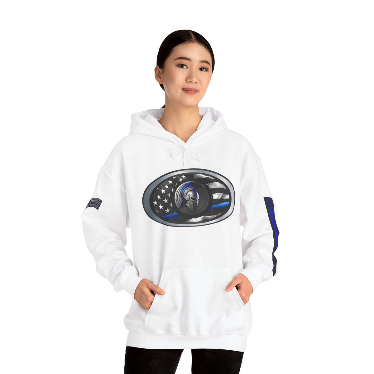 Spartan Thin Blue Line Flag Hoodie – Warrior Helmet Patriotic Sweatshirt for Police Supporters