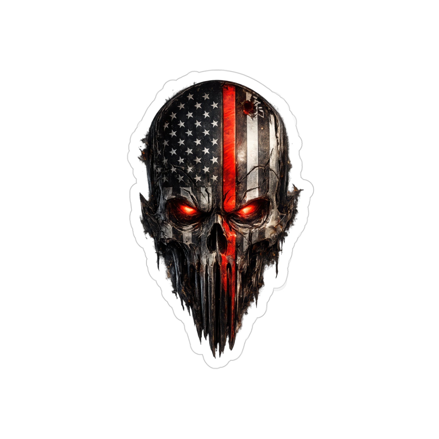 Thin Red Line Skull Sticker | Distressed American Flag Firefighter Decal | Fire Rescue Skull Art | Transparent Vinyl First Responder Sticker