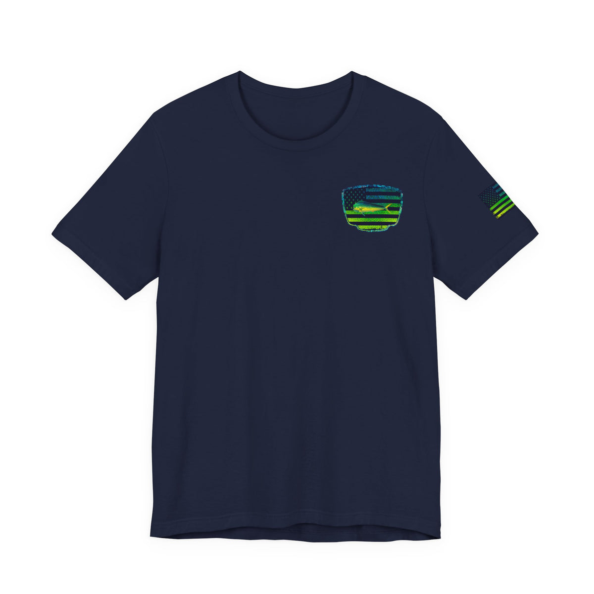 Patriotic Mahi Mahi Flag Tee – Grunge Fishing Badge Shirt for Outdoor Lovers