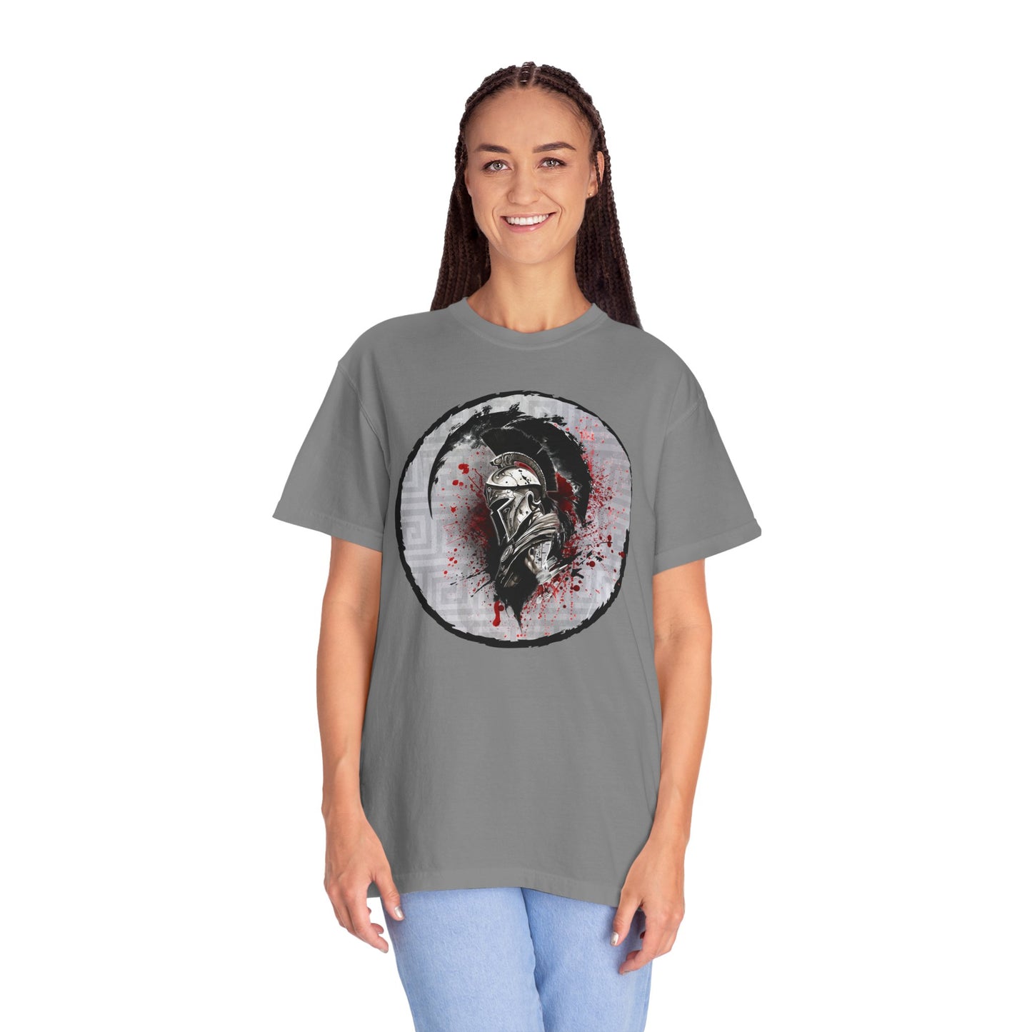 Spartan Warrior T-Shirt – Greek Helmet Circle Design Front & Spear Back | Warrior Graphic Tee