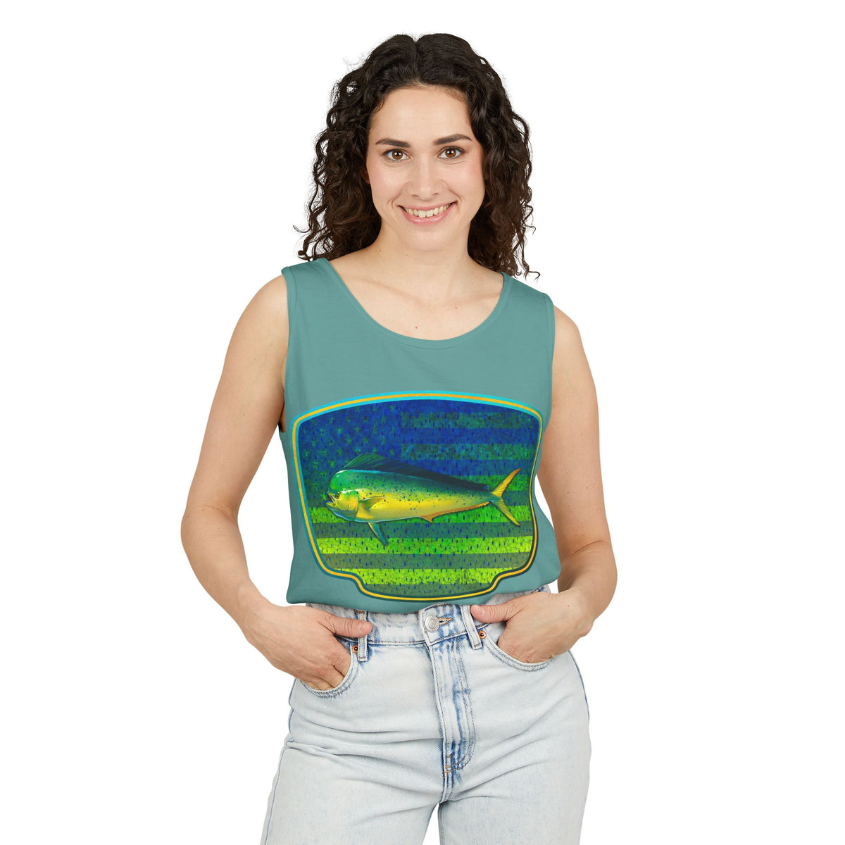American Mahi Mahi Graphic Tank Top, Summer Apparel, Outdoors Shirt, Fishing Gear, Beachwear, Gifts for Anglers