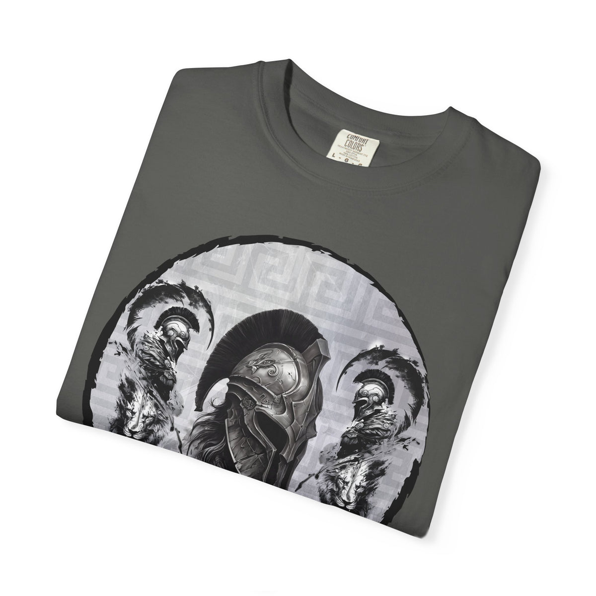 Spartan Warrior T-Shirt – Greek Helmet Circle Design Front & Spear Back | Warrior Graphic Tee