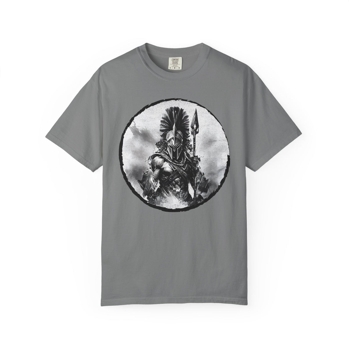 Spartan Warrior T-Shirt – Greek Helmet Circle Design Front & Spear Back | Warrior Graphic Tee