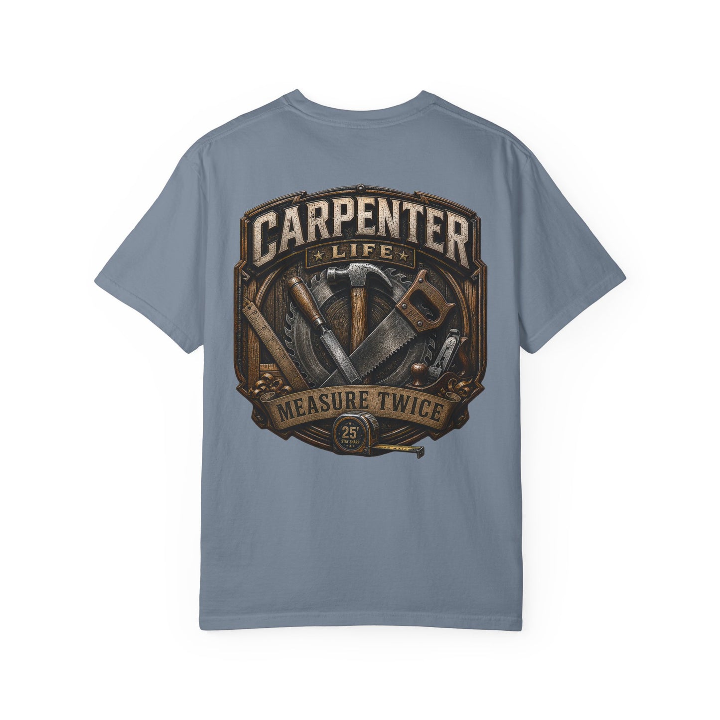 Carpenter Life T-Shirt – 'Measure Twice' Vintage Tool Emblem