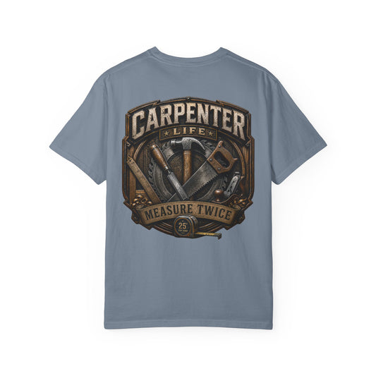 Carpenter Life T-Shirt – 'Measure Twice' Vintage Tool Emblem