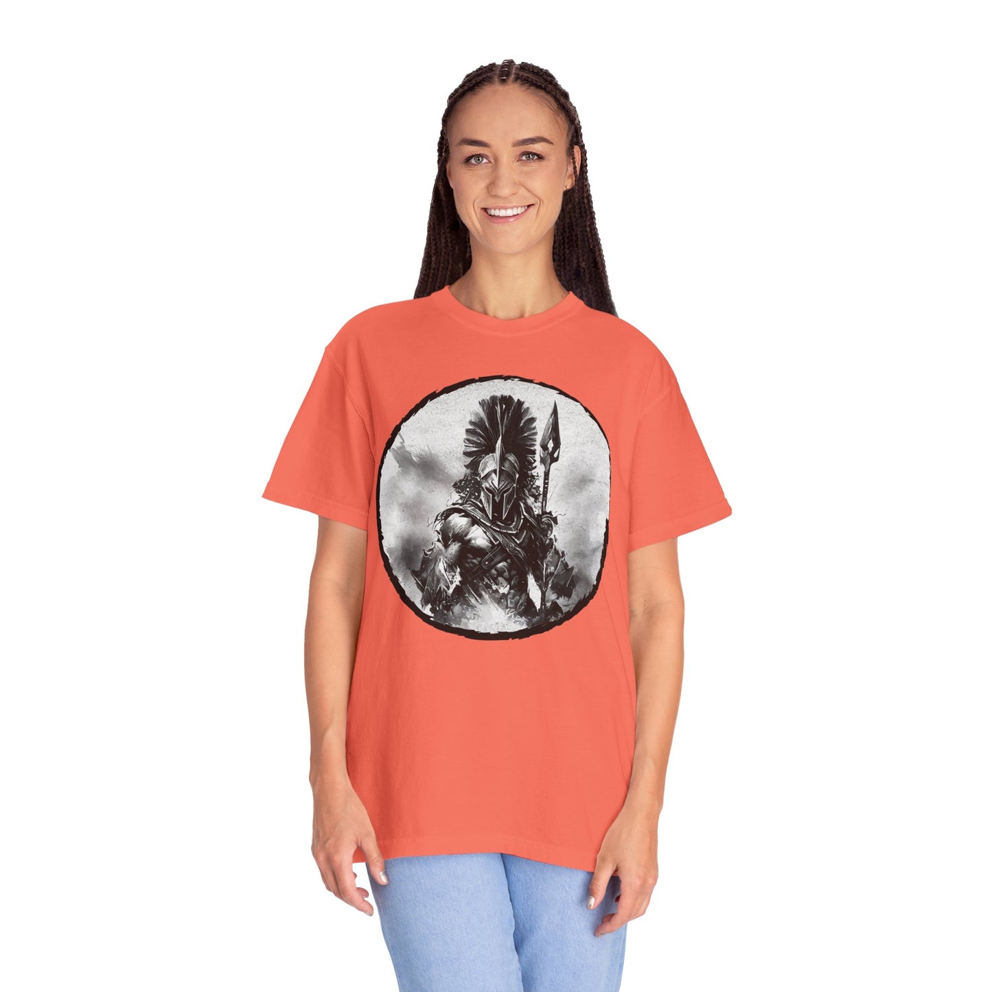 Spartan Warrior T-Shirt – Greek Helmet Circle Design Front & Spear Back | Warrior Graphic Tee