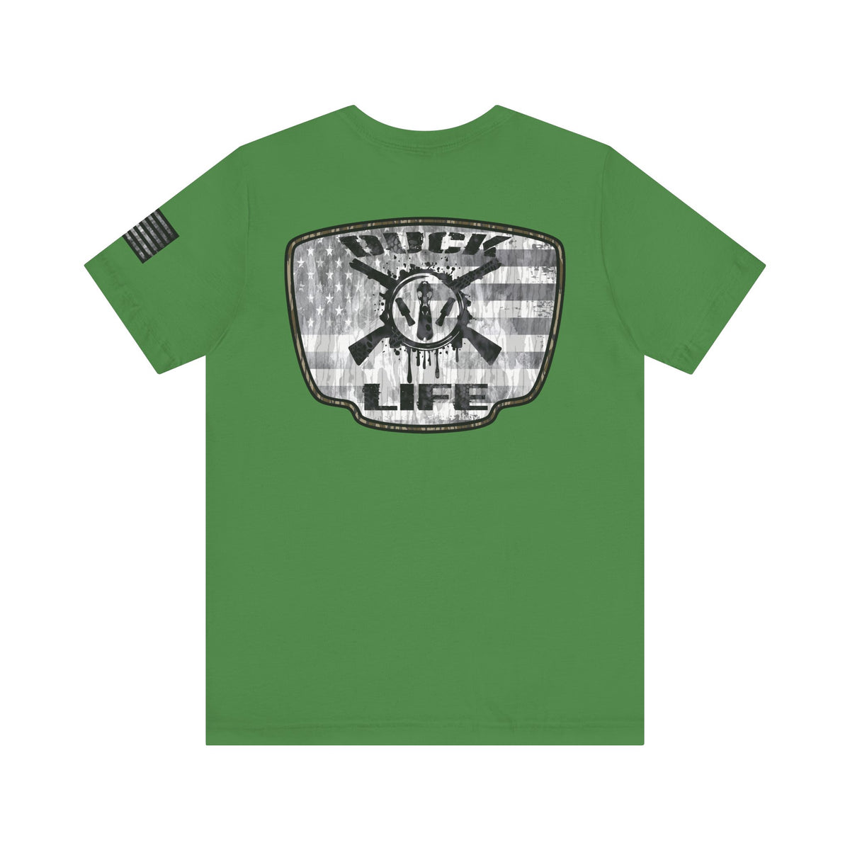 White American Flag Duck Hunting Badge T-Shirt – Mossy Camo Print, Crossed Guns & Duck Skull Graphic