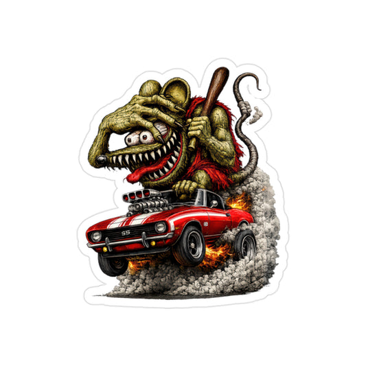 Crazy Rat 1969 Camaro SS Sticker | Supercharged Red Muscle Car Decal | Monster Burnout Hot Rod Art | Transparent Vinyl Sticker