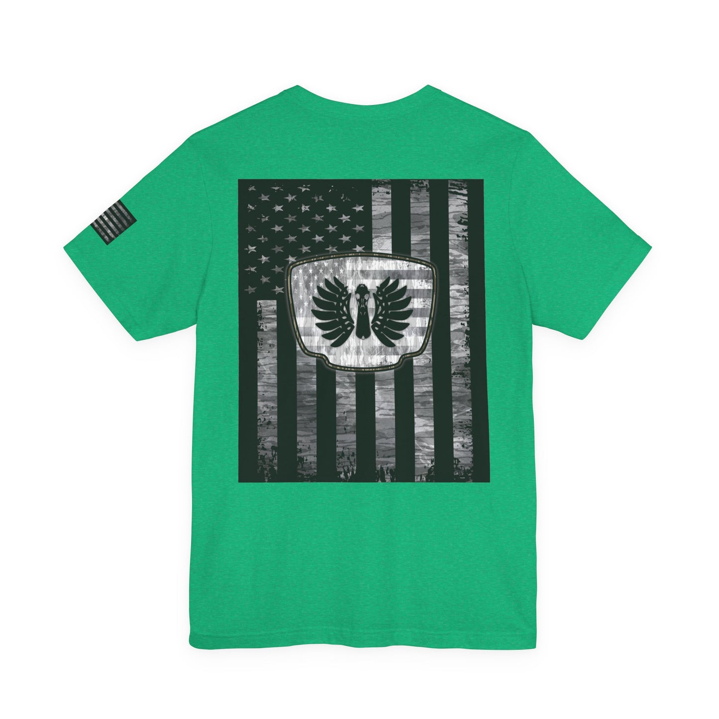 Duck Hunting American Flag Badge T-Shirt – Mossy Camo Print, Crossed Guns & Duck Skull Graphic