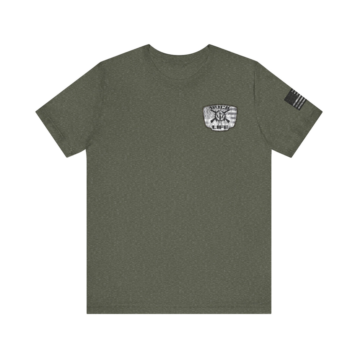 White American Flag Duck Hunting Badge T-Shirt – Mossy Camo Print, Crossed Guns & Duck Skull Graphic