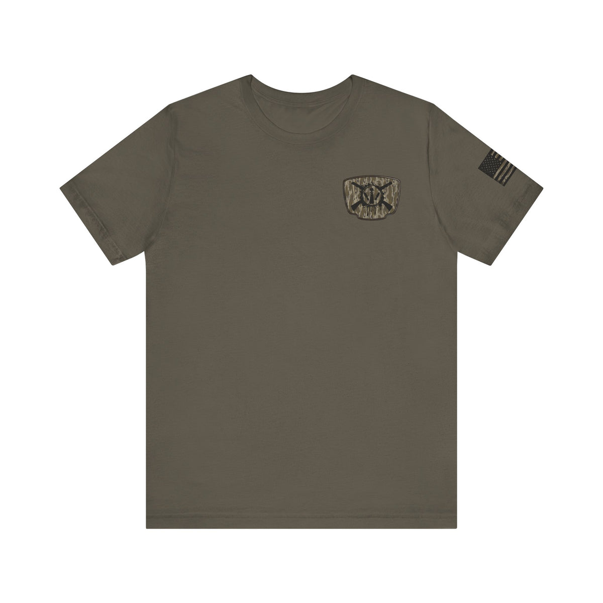 Duck Hunting Badge T-Shirt – Mossy Camo Print, Crossed Guns & Duck Skull Graphic