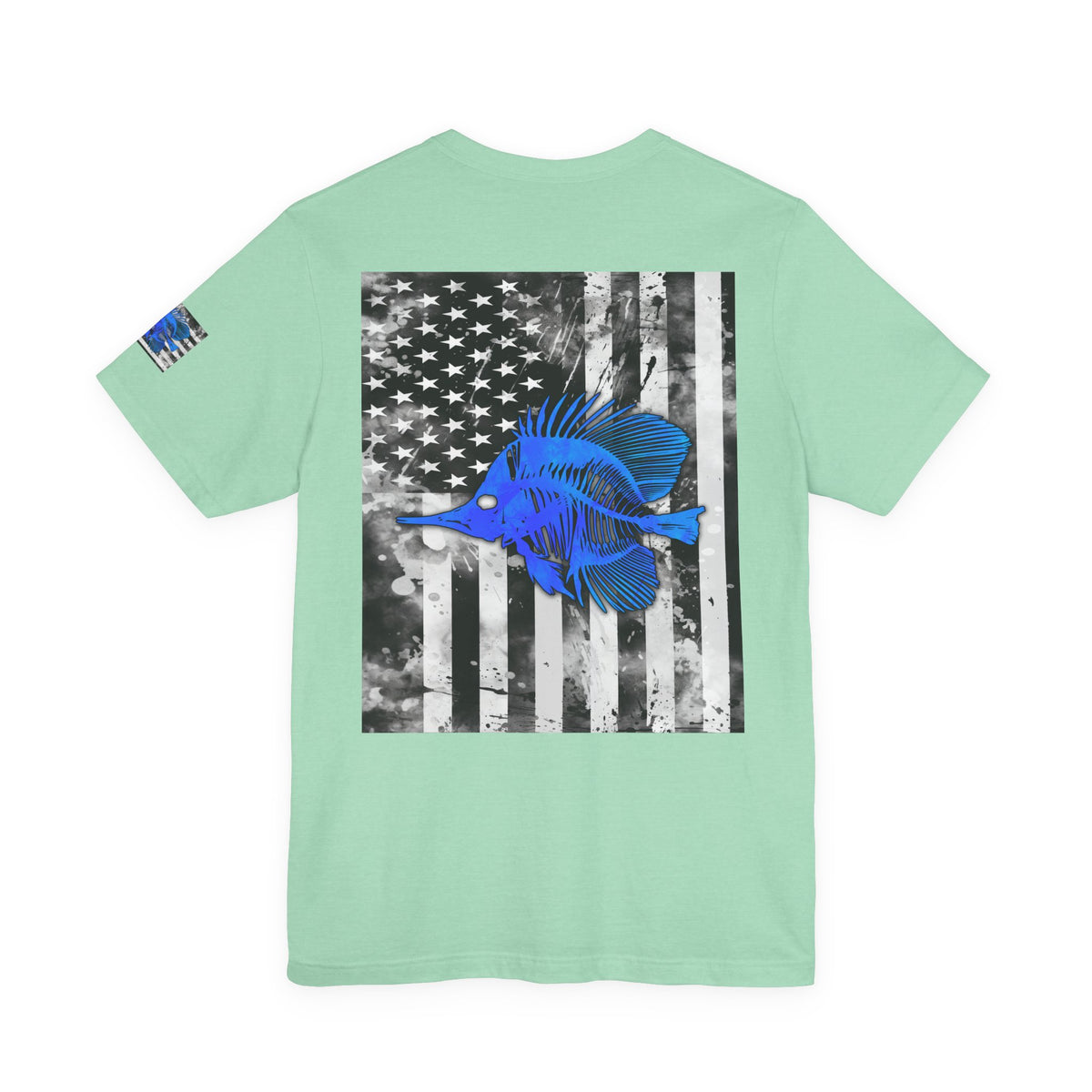 Blue Fish Skeleton Grunge American Flag Tee, Patriotic USA Shirt, Vintage American Flag