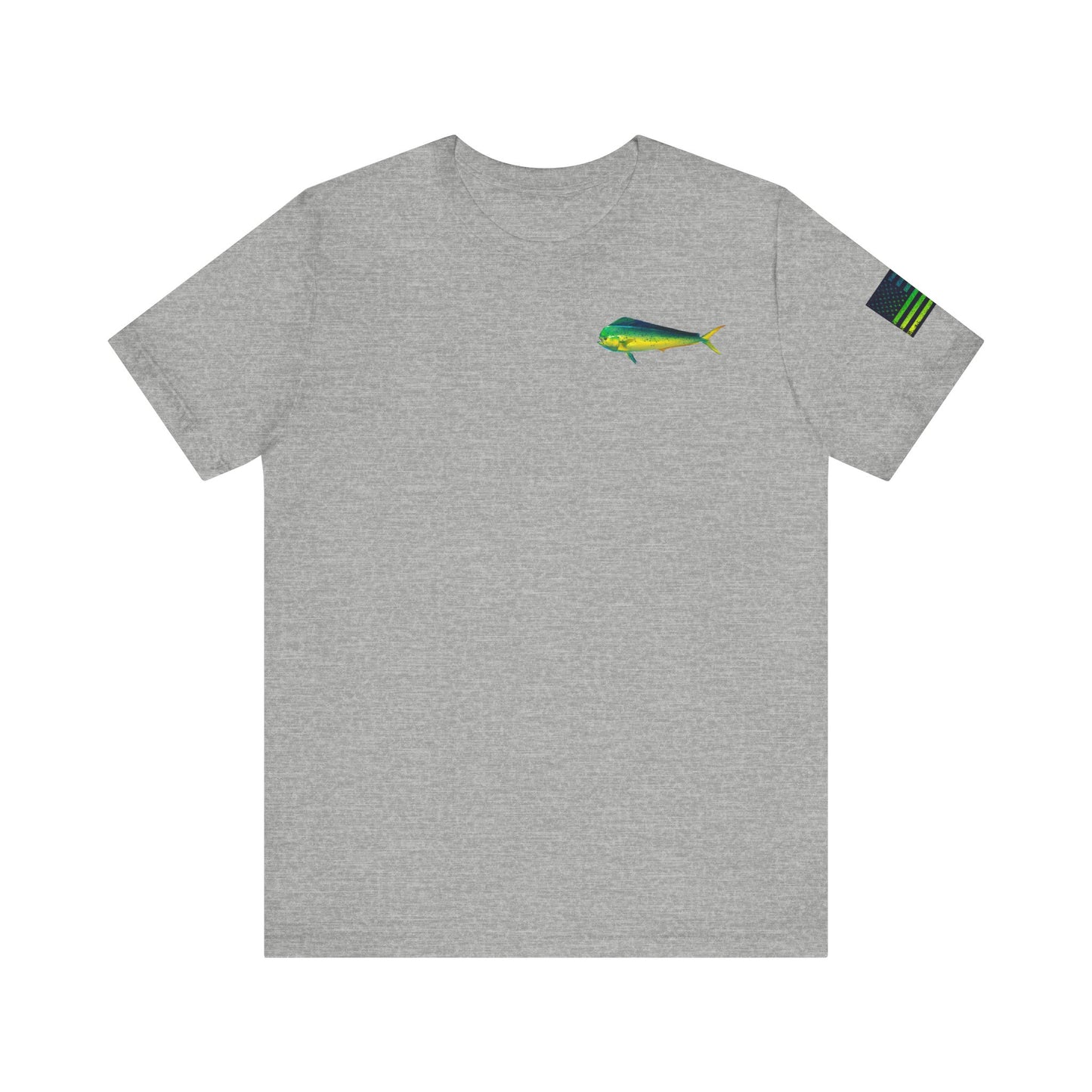 Mahi Mahi Badge Tee with Blackout Flag – Patriotic Saltwater Fishing Shirt