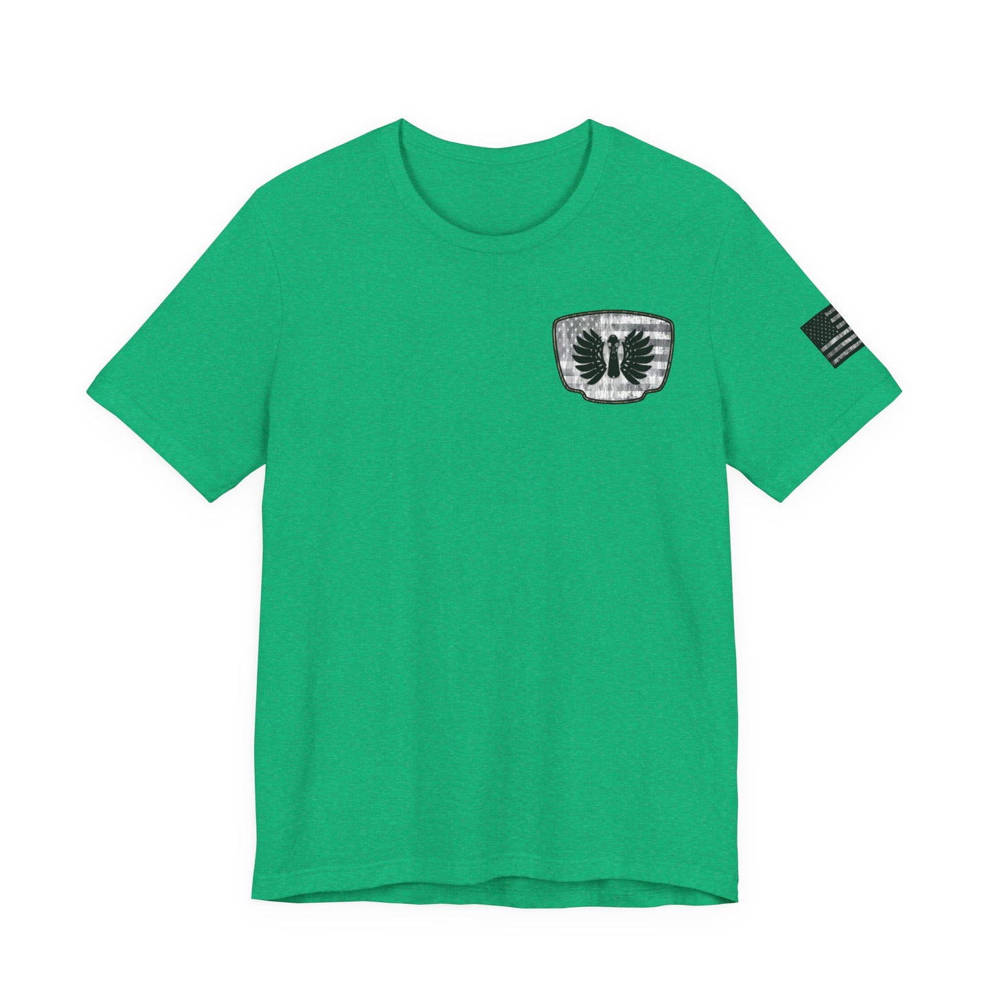 Duck Hunting American Flag Badge T-Shirt – Mossy Camo Print, Crossed Guns & Duck Skull Graphic